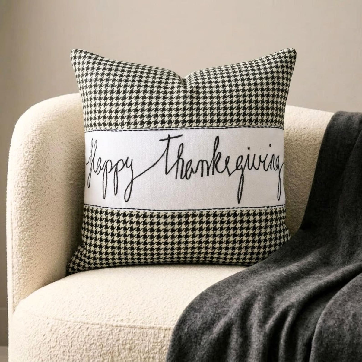 Thanksgiving - Black Jacquard Happy Thanksgiving Throw Pillow Cover