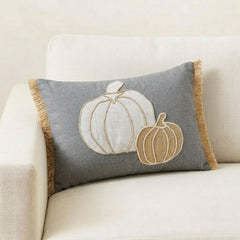 Gray Linen Decorative Lumbar  Pillow Cover - Pumpkin Burlap