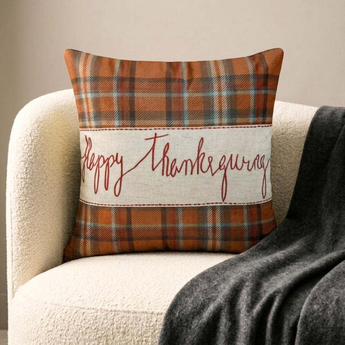 Thankful Harvest - Orange Velvet Happy Thanksgiving Throw Pillow Cover