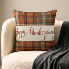 Thankful Harvest - Orange Velvet Happy Thanksgiving Throw Pillow Cover
