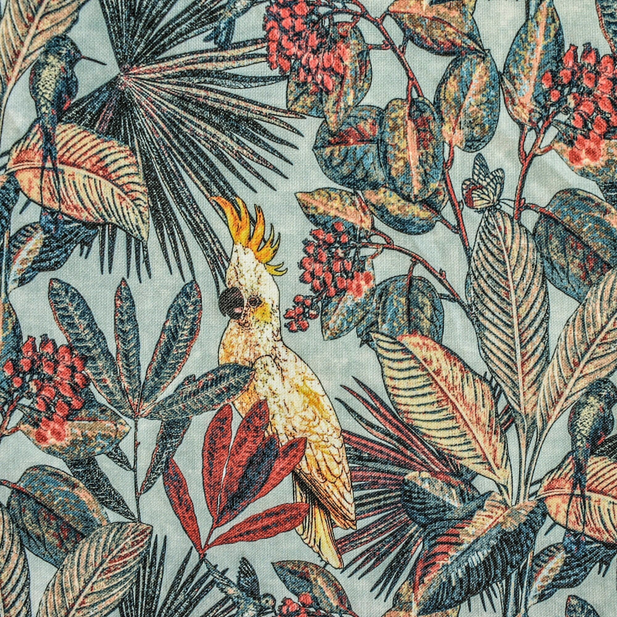 Cockatoo Love Sea Green, Red & Blue Cotton Spun Printed Fabric By The Yard