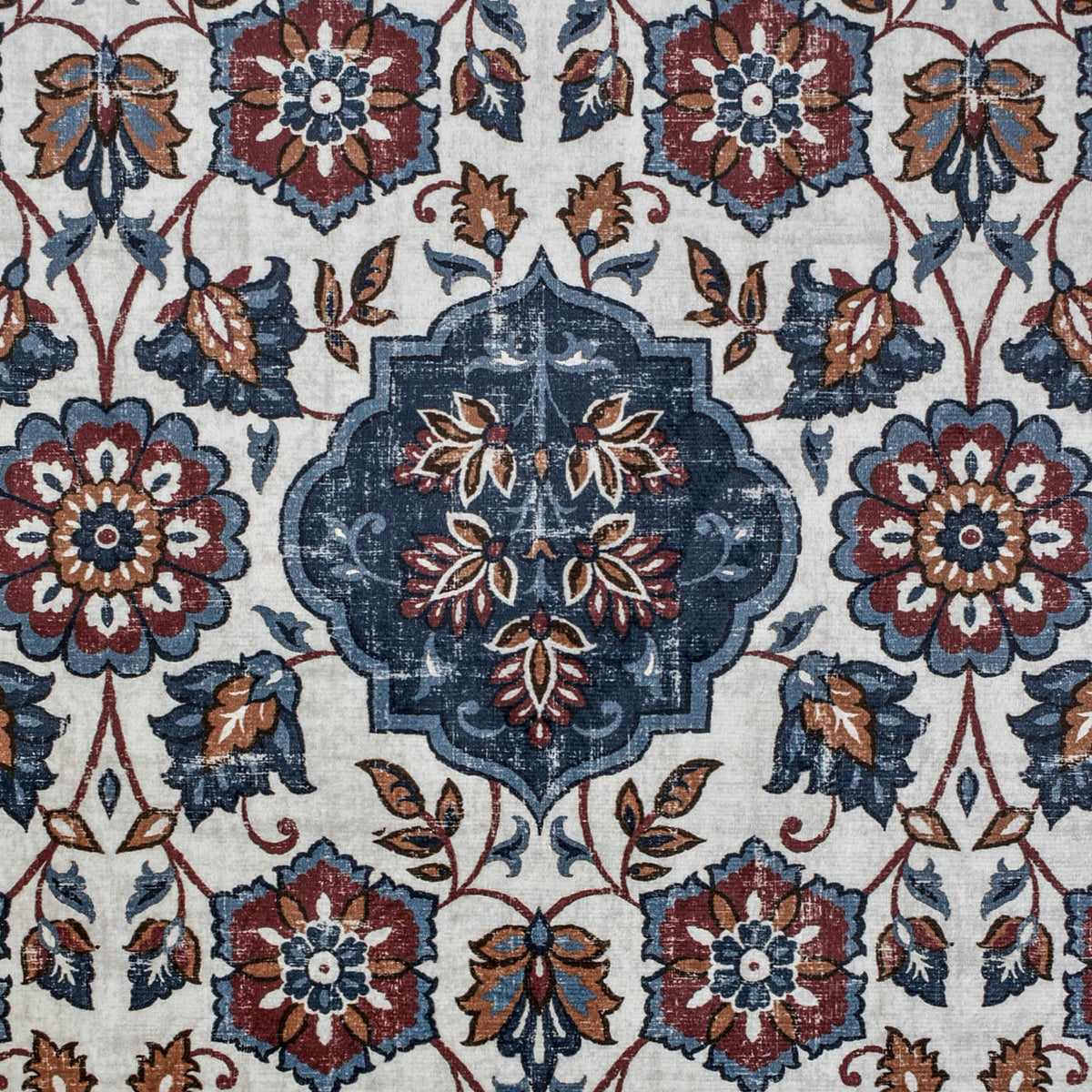 Blue, Brown & Off White Printed Velvet Fabric by the Yard