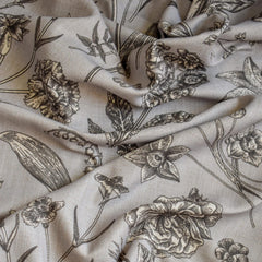 Vintage Botanical Floral Print Sketch Flowers on Neutral Black Cotton Linen Fabric by the Yard