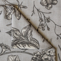 Vintage Botanical Floral Print Sketch Flowers on Neutral Black Cotton Linen Fabric by the Yard