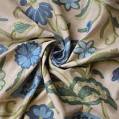 Botanical Vine Blue Floral Crewel Embroidery Beige base, Blue & Green Cotton Linen Fabric by the Yard