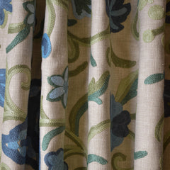 Botanical Vine Blue Floral Crewel Embroidery Beige base, Blue & Green Cotton Linen Fabric by the Yard