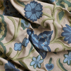 Botanical Vine Blue Floral Crewel Embroidery Beige base, Blue & Green Cotton Linen Fabric by the Yard