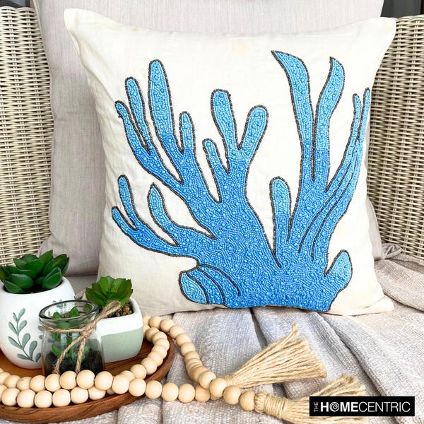 Aqua Blue Cotton Linen Throw Pillow Cover - Coral Treasure