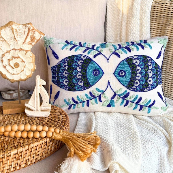 Silk Blue Decorative Lumbar Pillow Cover - Fish Tales