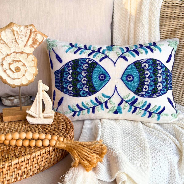 Blue Cotton Linen Throw Pillow Cover - Under The Ocean