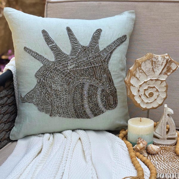 Light Blue Cotton Linen Throw Pillow Cover - Lone Shell