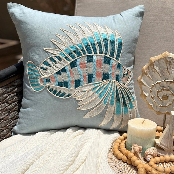 Dull Blue Linen Throw Pillow Cover - Dream Fish