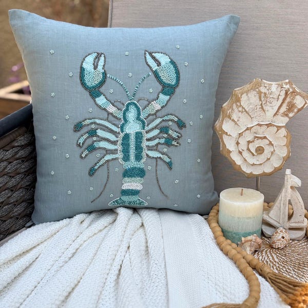 Dull Blue Linen Throw Pillow Cover - Lobster Cool