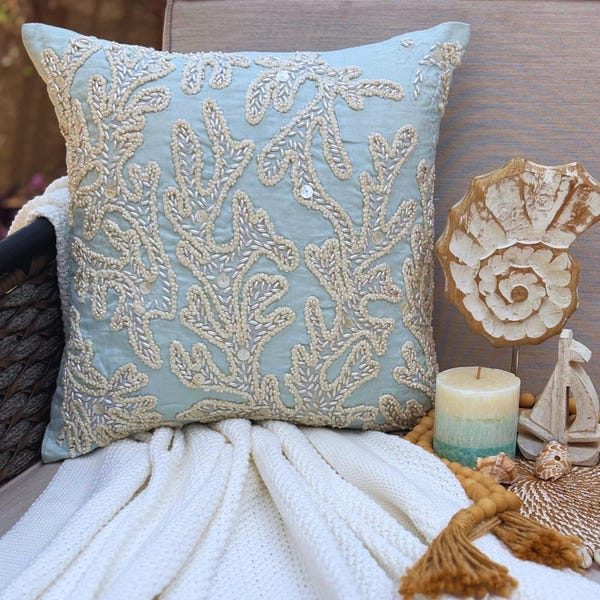 Light Blue Cotton Linen Throw Pillow Cover - Pearly Sea Tangle