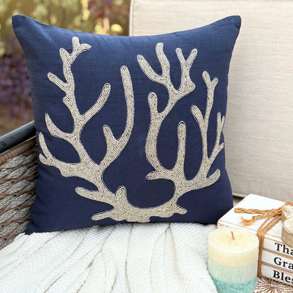 Navy Blue Cotton Linen Throw Pillow Cover - Sea Weed At The Shore