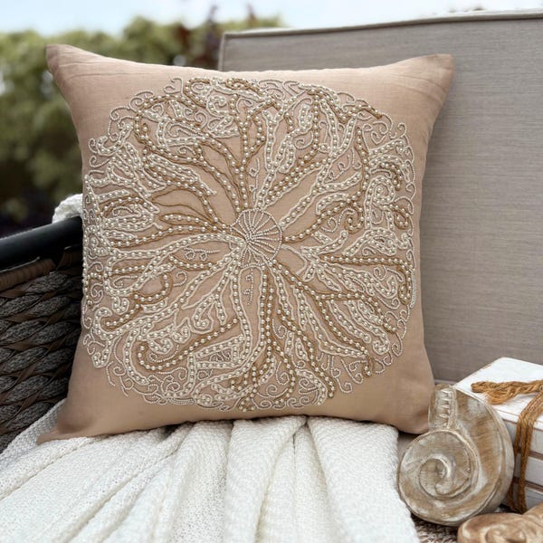 Beige Cotton Linen Throw Pillow Cover - Sea Urchin