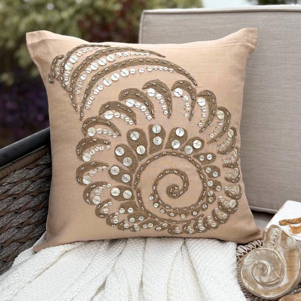 Beige Cotton Linen Throw Pillow Cover - Shell Burst