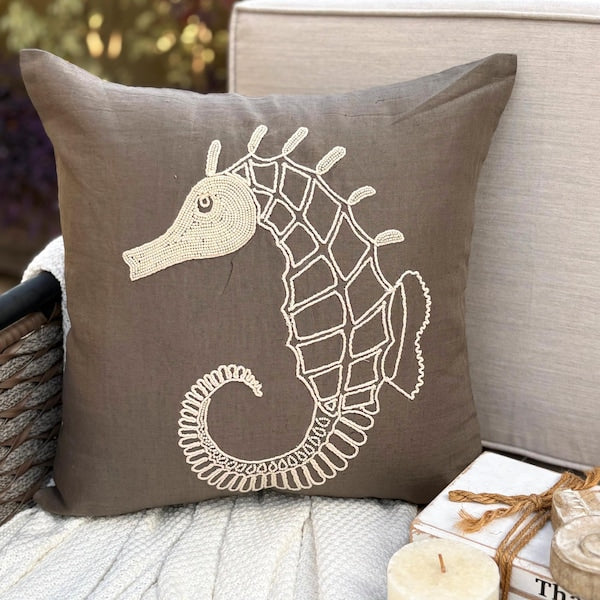 Brown Cotton Linen Throw Pillow Cover - Noble Sea Horse