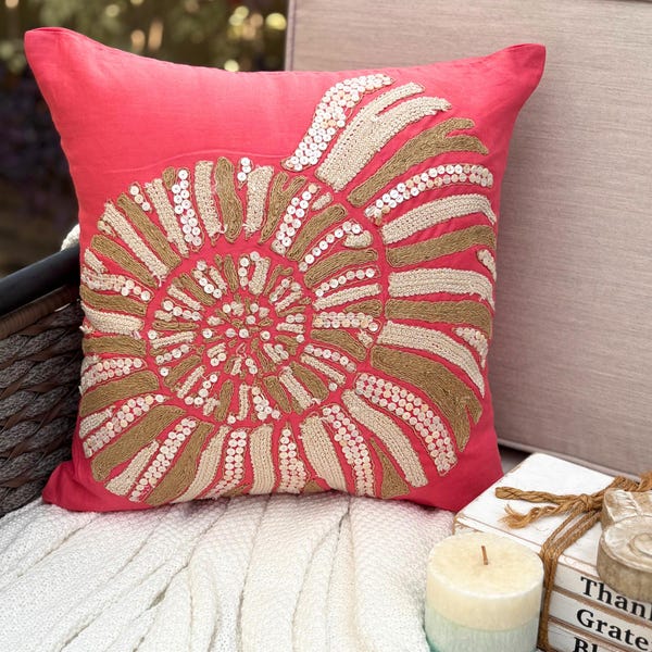 Coral Pink Cotton Linen Throw Pillow Cover - Coral Sea Shells