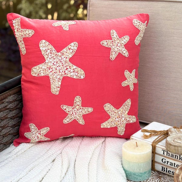 Coral Pink Cotton Linen Throw Pillow Cover - Corallian Star Spirit