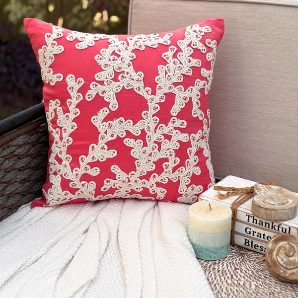 Coral Pink Cotton Linen Throw Pillow Cover - Coral Of The Beach