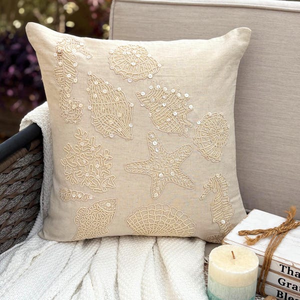 Natural Beige Linen Throw Pillow Cover - Pearly Sea Bed