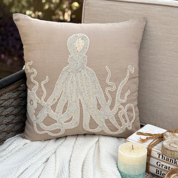 Mocha Cotton Linen Throw Pillow Cover - Sea Squid