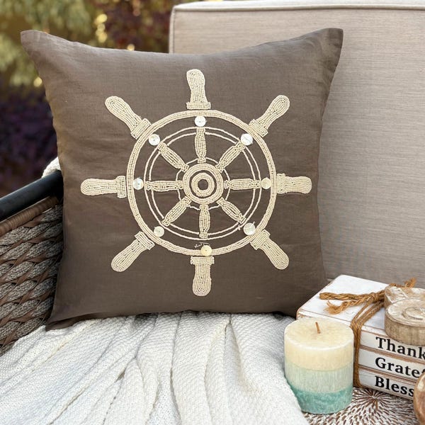 Brown Linen Throw Pillow Cover - Sailboat Wheel
