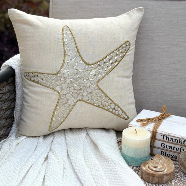 Natural Beige Cotton Linen Throw Pillow Cover - Gold Scaly Starfish