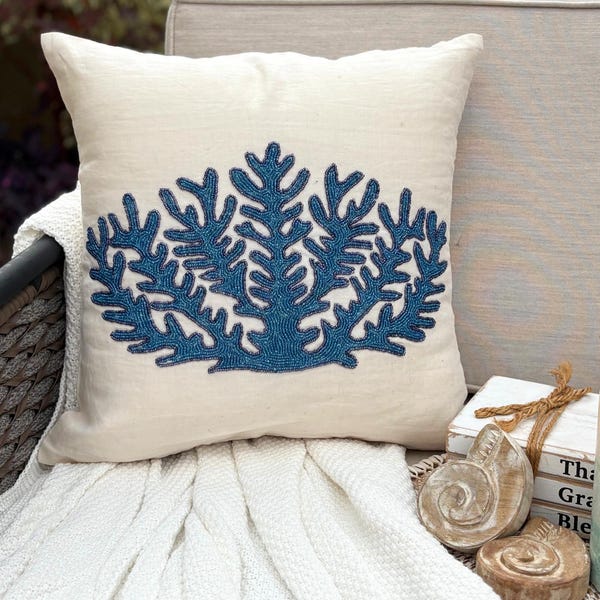 White Linen Throw Pillow Cover - Blue Coral Treasure