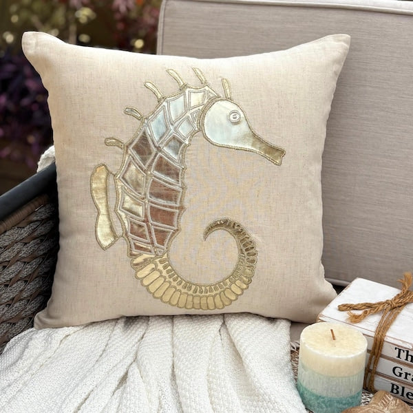 Natural Beige Cotton Linen Throw Pillow Cover - Gold Sea Horse