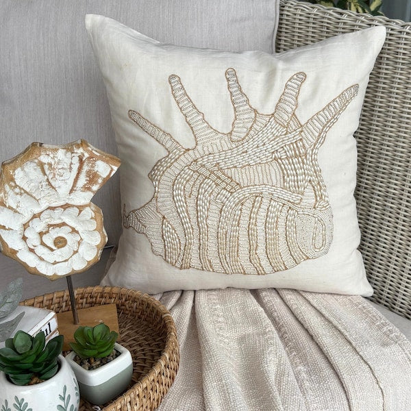 Beige Cotton Linen Throw Pillow Cover - Royal Sea Shell