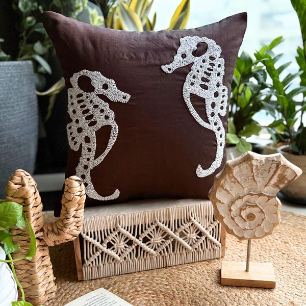 Brown Art Silk Throw Pillow Cover - Ivory Sea Horse