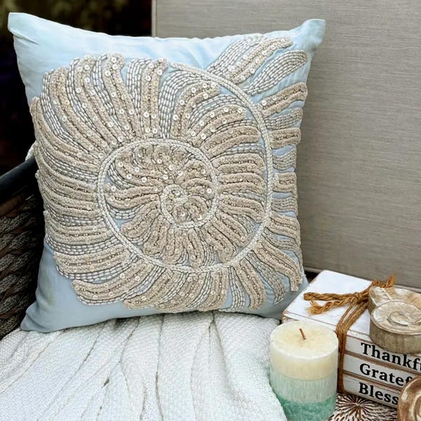 Light Blue Cotton Linen Throw Pillow Cover - Swirl Twirl