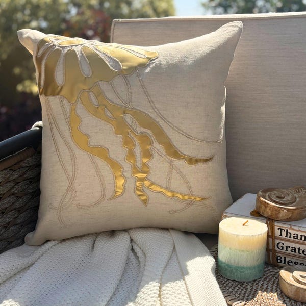 Natural Beige Cotton Linen Throw Pillow Cover - Gold Jellyfish