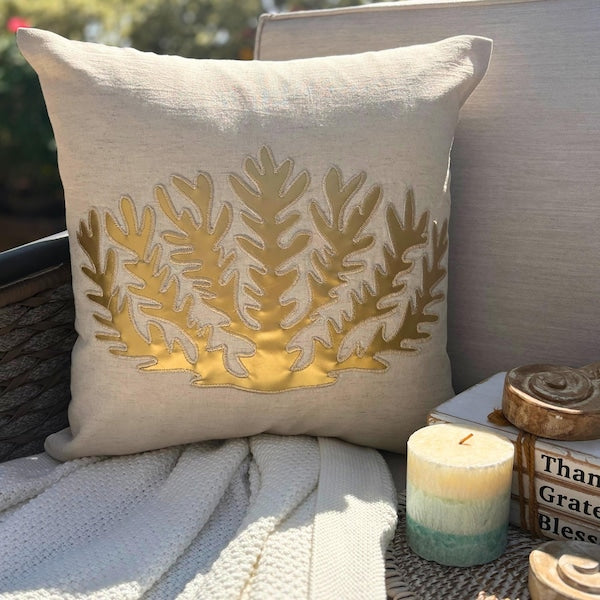 Natural Beige Cotton Linen Throw Pillow Cover - Gold Sea Weeds