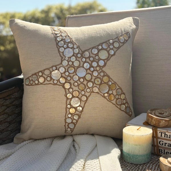 Natural Beige Cotton Linen Throw Pillow Cover - Starfish Coated Pearl