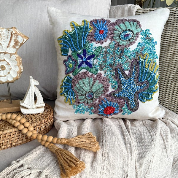 Blue Cotton Linen Throw Pillow Cover - Under The Ocean