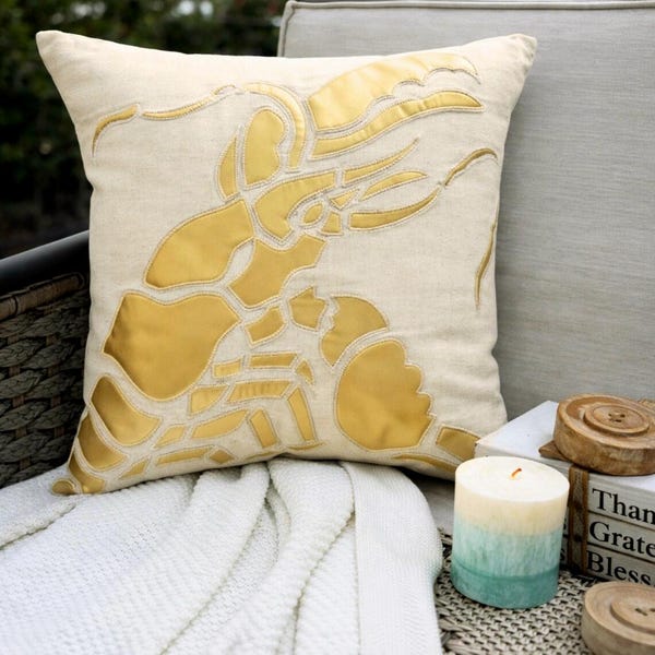 Natural Beige Cotton Linen Throw Pillow Cover - Gold Lobster