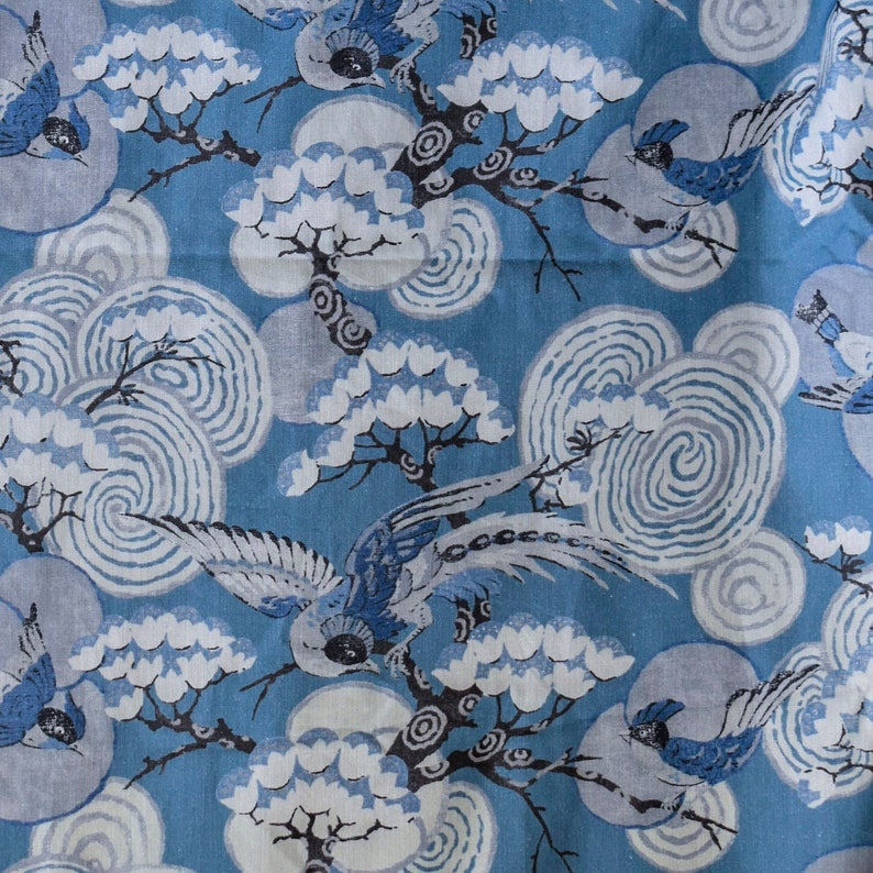 Blue, White, Gray Printed Cotton Fabric by the Yard