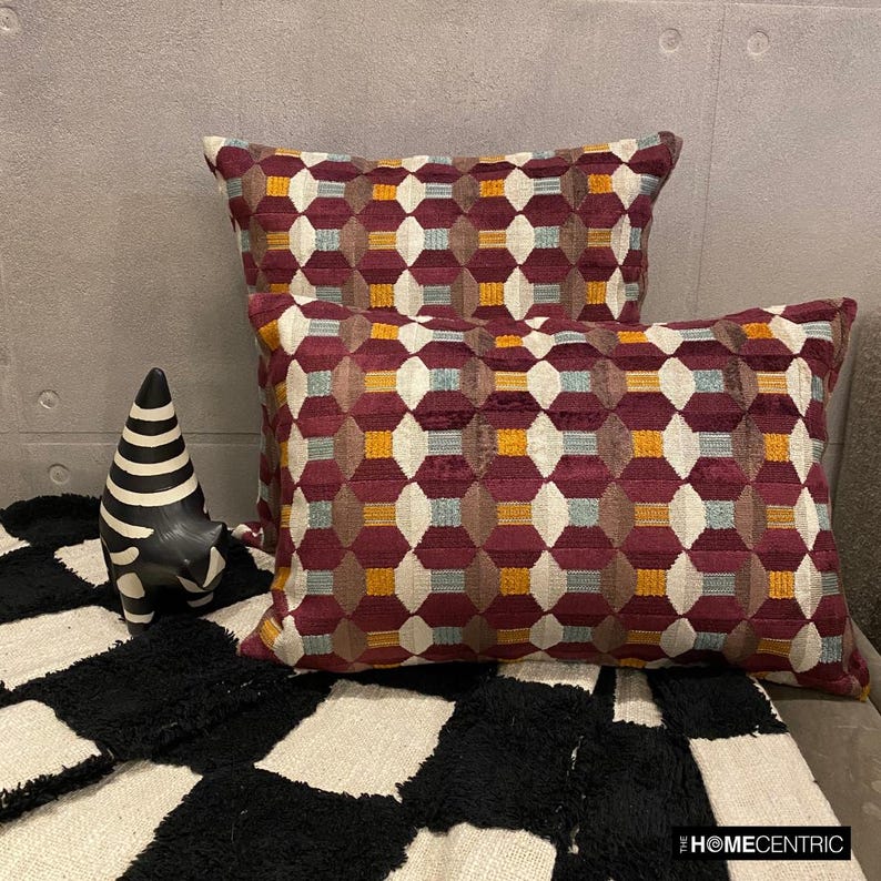 Burgundy Shapes - Burgubdy Velvet Decorative Throw Pillow Cover