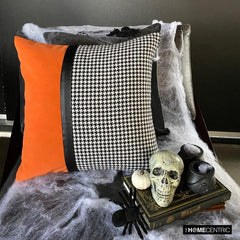 Dark Houndstooth - Orange & Black Jacquard & Faux Leather Decorative Throw Pillow Cover