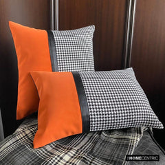 Dark Houndstooth - Orange & Black Jacquard & Faux Leather Decorative Throw Pillow Cover