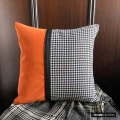 Dark Houndstooth - Orange & Black Jacquard & Faux Leather Decorative Throw Pillow Cover