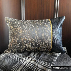 Portoro - Black Faux Leather & Jacquard Silk Decorative Lumbar  Pillow Cover