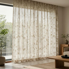 Linen Blend Sheer Fabric by the Yard, Floral Leaf Semi Transparent Fabric