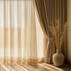 Open Weave Sheer Curtain Fabric by the Yard, Beige Gauze Light Filtering Fabric