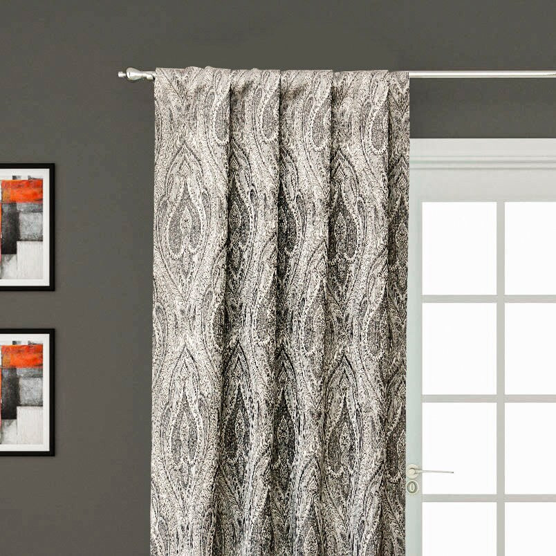 Grey N Cream Paisley Damask Jacquard Weave Curtain Panels
