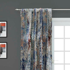 Artistic Ivory, Blue Printed Velvet Geometric Curtain Panels