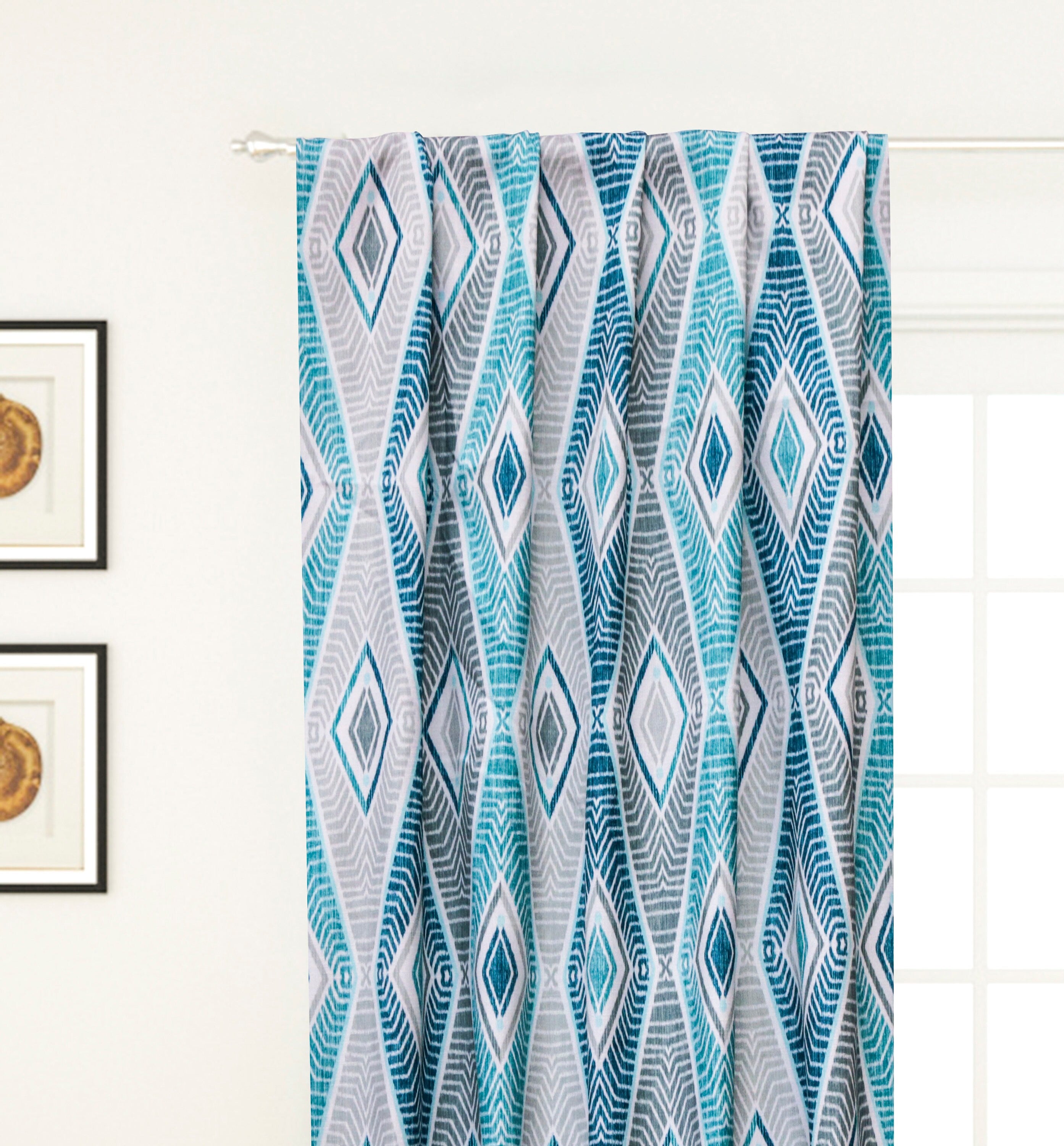 Blue Egyptian Printed Cotton Geometric Curtain Panels